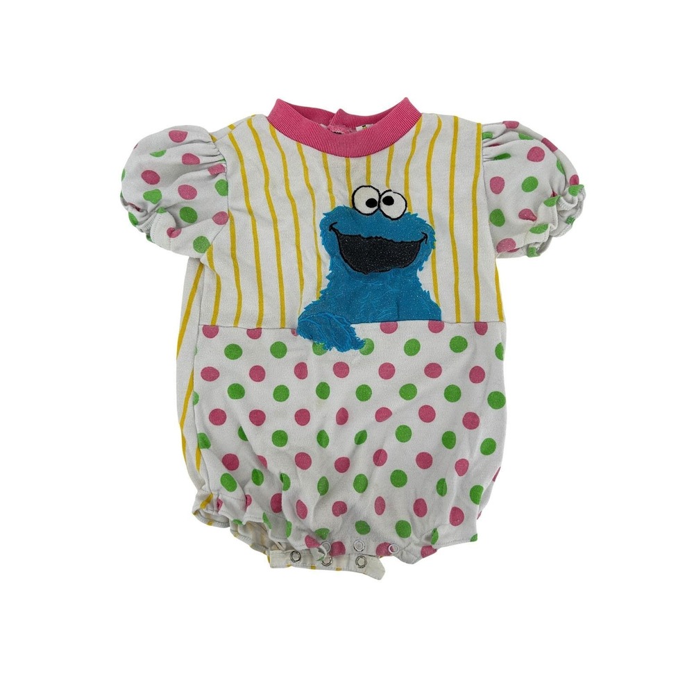 Vintage Sesame Street Romper Baby 12M Cookie Monster Polka Dot Stripe 80s 90s